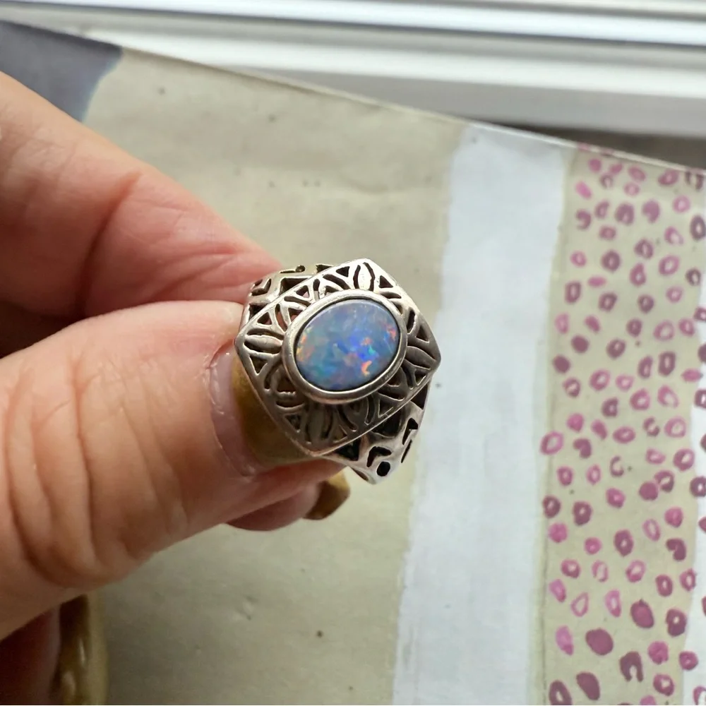 🌟 Sterling Silver Filigree Opal Ring – Size 5 🌟 - Picture 3 of 17